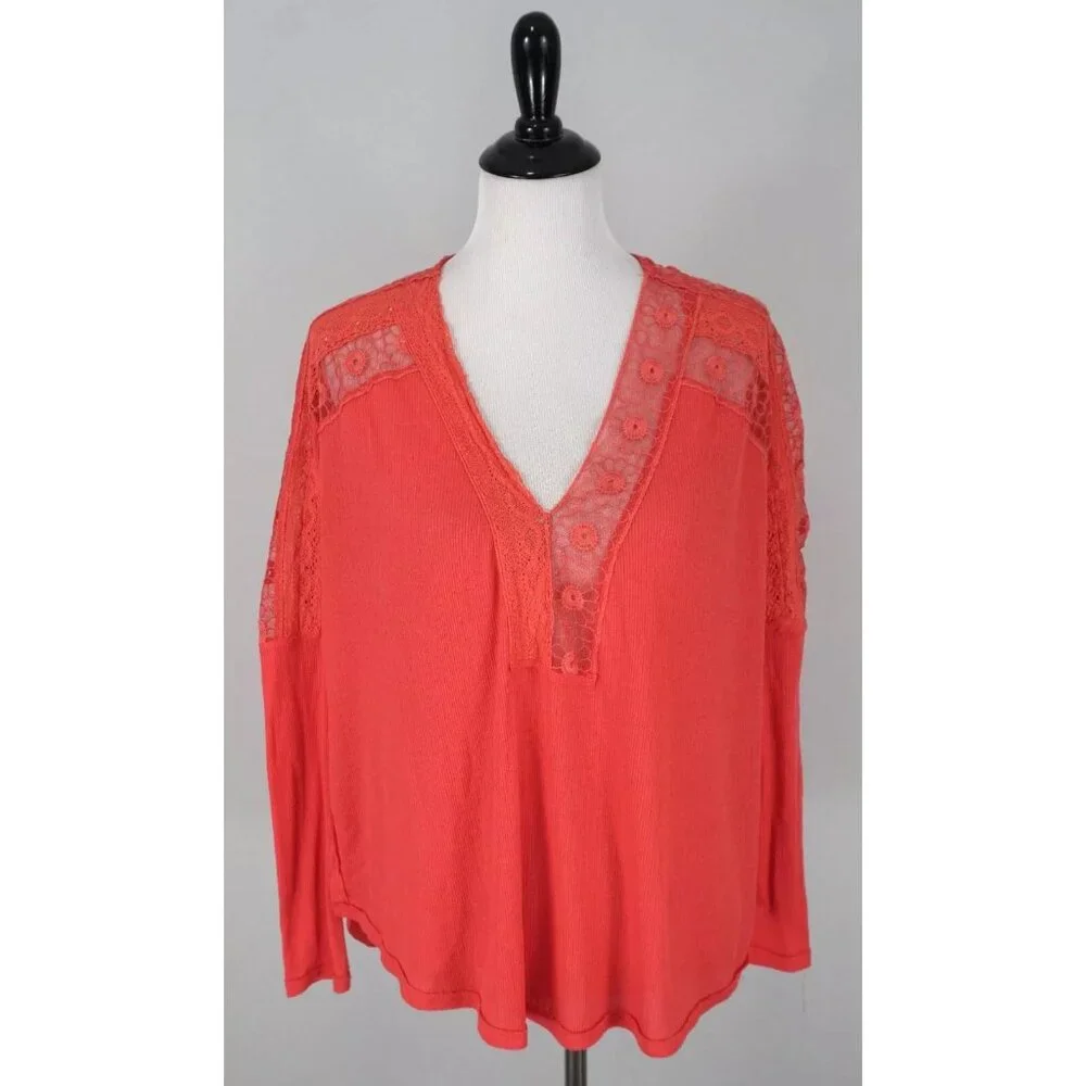 Free People Pink Lola Lace Floral V-Neck Sheer Coral Top Shirt Size Small